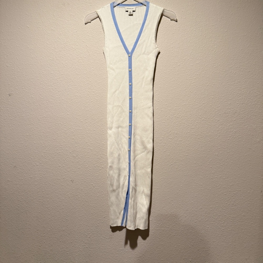 Calvin Klein Jeans Womens Ribbed Knit Button Front Midi Dress Cream Blue Small - Picture 5 of 8
